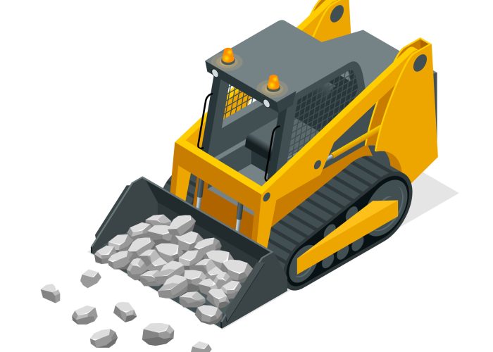 Isometric Compact Excavators. Yellow Skid Steer Loader